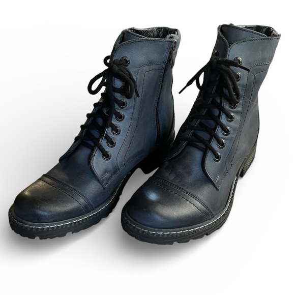 V Italia Shoes - V Italia Blue Edgy Moto Combat Leather Boots Lace-Up Zip SZ 39 (US 8.5-9)